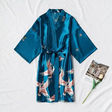 Load image into Gallery viewer, Fashion Blue Floral Bird Print Stylish Bathrobes Modern Comfortable Design Silk Soft Sleepwear For Women
