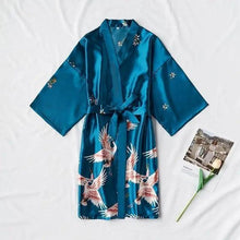 Load image into Gallery viewer, Fashion Blue Floral Bird Print Stylish Bathrobes Modern Comfortable Design Silk Soft Sleepwear For Women
