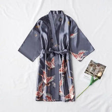 Load image into Gallery viewer, Fashion Blue Floral Bird Print Stylish Bathrobes Modern Comfortable Design Silk Soft Sleepwear For Women
