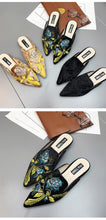 Load image into Gallery viewer, Fashion Embroidery Women Fur Slides Half Slippers Velvet Shoes Flats Flower Decoration Low Heel Flats Leather Slip On Backless Sandals For Girls Womens Work Slides Shoes

