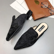 Load image into Gallery viewer, Fashion Embroidery Women Fur Slides Half Slippers Velvet Shoes Flats Flower Decoration Low Heel Flats Leather Slip On Backless Sandals For Girls Womens Work Slides Shoes
