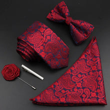 Load image into Gallery viewer, Fashion Red Business Necktie Matching Bowtie Flower Vintage Design Set For Men Self-Tie Bow Tie And Pocket Square Classic Business Tuxedo Wedding Bowties Handkerchief Set Men Necktie And Pocket Square Set
