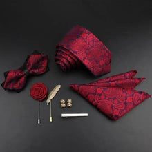Load image into Gallery viewer, Fashion Red Business Necktie Matching Bowtie Flower Vintage Design Set For Men Self-Tie Bow Tie And Pocket Square Classic Business Tuxedo Wedding Bowties Handkerchief Set Men Necktie And Pocket Square Set
