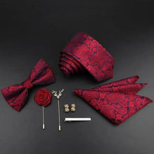 Load image into Gallery viewer, Fashion Red Business Necktie Matching Bowtie Flower Vintage Design Set For Men Self-Tie Bow Tie And Pocket Square Classic Business Tuxedo Wedding Bowties Handkerchief Set Men Necktie And Pocket Square Set
