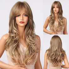 Load image into Gallery viewer, Fashionable Long Wavy Synthetic Wigs Brown to Blonde Ombre with Bangs Fake Hair for Women Daily Cosplay Party Heat Resistant Wigs For Black Women Gifts for Girlfriends
