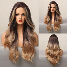 Load image into Gallery viewer, Fashionable Long Wavy Synthetic Wigs Brown to Blonde Ombre with Bangs Fake Hair for Women Daily Cosplay Party Heat Resistant Wigs For Black Women Gifts for Girlfriends
