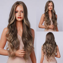 Load image into Gallery viewer, Fashionable Long Wavy Synthetic Wigs Brown to Blonde Ombre with Bangs Fake Hair for Women Daily Cosplay Party Heat Resistant Wigs For Black Women Gifts for Girlfriends

