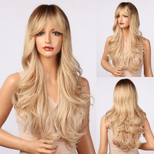 Load image into Gallery viewer, Fashionable Long Wavy Synthetic Wigs Brown to Blonde Ombre with Bangs Fake Hair for Women Daily Cosplay Party Heat Resistant Wigs For Black Women Gifts for Girlfriends
