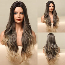 Load image into Gallery viewer, Fashionable Long Wavy Synthetic Wigs Brown to Blonde Ombre with Bangs Fake Hair for Women Daily Cosplay Party Heat Resistant Wigs For Black Women Gifts for Girlfriends
