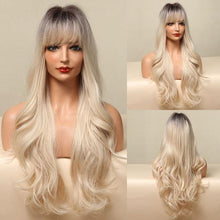 Load image into Gallery viewer, Fashionable Long Wavy Synthetic Wigs Brown to Blonde Ombre with Bangs Fake Hair for Women Daily Cosplay Party Heat Resistant Wigs For Black Women Gifts for Girlfriends
