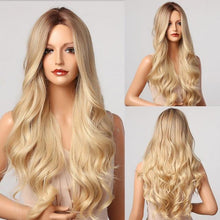Load image into Gallery viewer, Fashionable Long Wavy Synthetic Wigs Brown to Blonde Ombre with Bangs Fake Hair for Women Daily Cosplay Party Heat Resistant Wigs For Black Women Gifts for Girlfriends
