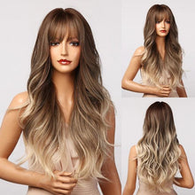 Load image into Gallery viewer, Fashionable Long Wavy Synthetic Wigs Brown to Blonde Ombre with Bangs Fake Hair for Women Daily Cosplay Party Heat Resistant Wigs For Black Women Gifts for Girlfriends
