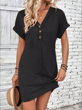 Load image into Gallery viewer, Elegant Button V-Neck Short Sleeve Dress Flattering Casual &amp; Office Wear Simple Dress
