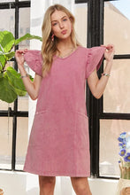 Load image into Gallery viewer, Mineral Washed V-Neck Ruffled Cap Sleeve Dress – Trendy, Comfortable, Playful, Unique Wash For Any Occasion
