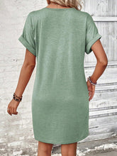 Load image into Gallery viewer, Elegant Button V-Neck Short Sleeve Dress Flattering Casual &amp; Office Wear Simple Dress
