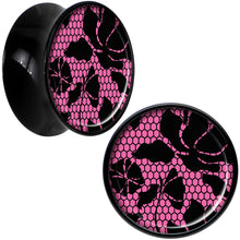 Load image into Gallery viewer, Black Acrylic Pink Floral Lace Saddle Plug Set 5/8
