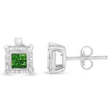Load image into Gallery viewer, Sterling Silver Color Treated Princess Diamond Quad Stud Earring (1/2 cttw, Green Color, I1-I2 Clarity)

