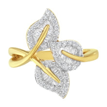 Load image into Gallery viewer, 10k Yellow and White Gold 1/2 Cttw Baguette and Round Diamond Bypass Triple Leaf Ring (I-J Color, I1-I2 Clarity) - Size 7
