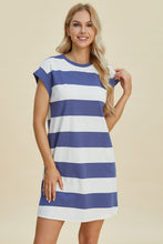 Load image into Gallery viewer, Full Size Striped Round Neck Cap Sleeve Mini Dress For Women – Striped Mini Dress, Full-Size Round Neck Dress, Comfortable Cap Sleeve Dress, Chic Striped Dress, Flattering Mini Dress, Casual Everyday Dress, Versatile Striped Dress
