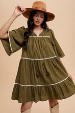 Load image into Gallery viewer, Tassel Contrast Trim Tie Neck Half Sleeve Tiered Dress – Bohemian Tassel Details, Contrast Trim, and Tiered Design for a Flowing, Feminine Look
