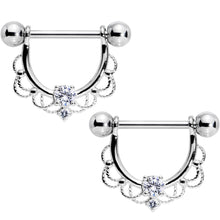 Load image into Gallery viewer, 9/16 Clear CZ Gem Flourish Dangle Nipple Barbell Set
