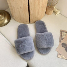 Load image into Gallery viewer, Fluffy Slippers Women Cozy Faux Fur Cross Indoor Floor Slides Flat Soft Furry Shoes Fluffy Furry Fur Slippers Flip Flop Open Toe Cozy House Memory Foam Sandals Slides Soft Flat Comfy Slippers
