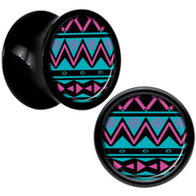 Load image into Gallery viewer, Black Acrylic Pink Teal Tribal Print Saddle Plug Set 0G

