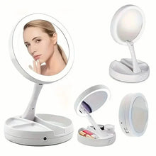 Load image into Gallery viewer, Foldable LED Vanity Mirror With Storage Box, Double-sided 1X &amp; 10X Magnifying Retractable Mirror
