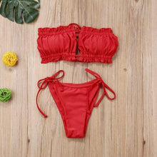 Load image into Gallery viewer, Folds Bikini Women Swimwear Bathing Suit Women's Ruffle Tie Side Bikini Set High Cut Strapless Padded Solid Bathing Suit Bikini Micro Swimsuit Female Push up Two-Piece Suit Summer

