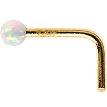 Load image into Gallery viewer, 1/4 14k Yellow Gold White 2mm Synthetic Opal Ball L Shaped Nose Ring
