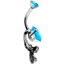 Load image into Gallery viewer, Blue CZ Gem Feather Trio Dangle Belly Ring
