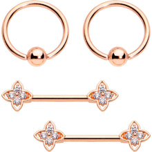Load image into Gallery viewer, 14G Clear CZ Gem Star Rose Gold Tone BCR Barbell Nipple Ring Set
