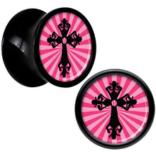 Load image into Gallery viewer, Black Acrylic Pink Black Radiant Cross Saddle Plug Set 0G
