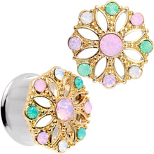Load image into Gallery viewer, Pink Green White Gem Glam Flower Double Flare Tunnel Plug Set
