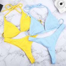 Load image into Gallery viewer, Girls Swimming Suits Bikini Small Cup Women Two Pieces Knitting Thong Bikinis Summer Spaghetti Strap Top And Bottoms Swimsuit Swimwear High Cut Style Beach Bikini Solid Black/White Micro Swim Suits Thong Bikinis
