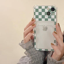 Load image into Gallery viewer, Glamorous Phone Case Shiny Transparent Card Holder Slim Soft Silicone Shockproof Case For iPhone 14 13 11 12 Pro Max 7 8 Plus Cute Green Checkerboard Clear Cover For iPhone X XR XS Shockproof Card Holder Phone Case
