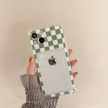 Load image into Gallery viewer, Glamorous Phone Case Shiny Transparent Card Holder Slim Soft Silicone Shockproof Case For iPhone 14 13 11 12 Pro Max 7 8 Plus Cute Green Checkerboard Clear Cover For iPhone X XR XS Shockproof Card Holder Phone Case
