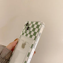 Load image into Gallery viewer, Glamorous Phone Case Shiny Transparent Card Holder Slim Soft Silicone Shockproof Case For iPhone 14 13 11 12 Pro Max 7 8 Plus Cute Green Checkerboard Clear Cover For iPhone X XR XS Shockproof Card Holder Phone Case
