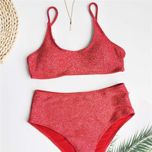 Load image into Gallery viewer, Glitter Sparkling Female Swimsuit High Waist Bikini Women's High Waist Bikinis Party Glitter Scoop Neck Crop Top Swimsuits Two Piece Bathing Suit Women Swimwear Two-pieces Bikini Set Summer Swim Suit

