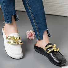 Load image into Gallery viewer, Gold Chain Women Slipper Closed Toe Slip On Mules Shoes Round Toe Low Heels Casual Slides Flat Mules Comfortable Slides Mules Shoes Ladies Slip-On Luxury Shoes
