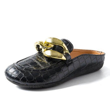Load image into Gallery viewer, Gold Chain Women Slipper Closed Toe Slip On Mules Shoes Round Toe Low Heels Casual Slides Flat Mules Comfortable Slides Mules Shoes Ladies Slip-On Luxury Shoes
