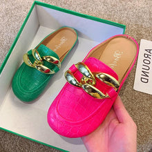 Load image into Gallery viewer, Gold Chain Women Slipper Closed Toe Slip On Mules Shoes Round Toe Low Heels Casual Slides Flat Mules Comfortable Slides Mules Shoes Ladies Slip-On Luxury Shoes

