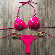 Load image into Gallery viewer, Golden Bikini Set Padded Women Swimsuit Push Up Swimwear Summer Beachwear Bathing Suit Women's Push Up Two Piece Bikini Swimsuits Elegant Lace Up Bathing Suits
