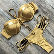 Load image into Gallery viewer, Golden Bikini Set Padded Women Swimsuit Push Up Swimwear Summer Beachwear Bathing Suit Women's Push Up Two Piece Bikini Swimsuits Elegant Lace Up Bathing Suits
