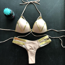 Load image into Gallery viewer, Golden Bikini Set Padded Women Swimsuit Push Up Swimwear Summer Beachwear Bathing Suit Women's Push Up Two Piece Bikini Swimsuits Elegant Lace Up Bathing Suits
