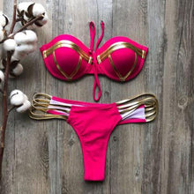 Load image into Gallery viewer, Golden Bikini Set Padded Women Swimsuit Push Up Swimwear Summer Beachwear Bathing Suit Women's Push Up Two Piece Bikini Swimsuits Elegant Lace Up Bathing Suits
