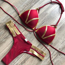 Load image into Gallery viewer, Golden Bikini Set Padded Women Swimsuit Push Up Swimwear Summer Beachwear Bathing Suit Women's Push Up Two Piece Bikini Swimsuits Elegant Lace Up Bathing Suits
