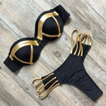 Load image into Gallery viewer, Golden Bikini Set Padded Women Swimsuit Push Up Swimwear Summer Beachwear Bathing Suit Women's Push Up Two Piece Bikini Swimsuits Elegant Lace Up Bathing Suits
