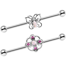 Load image into Gallery viewer, 14G Pink Faux Opal Butterfly Flower Industrial Barbell Set 38mm
