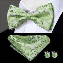 Load image into Gallery viewer, Green Color Silk Butterfly Pre-Tied Bow Tie Pocket Square Cufflinks Suit Set For Men Silk Adjustable Self Bowtie Formal Bowtie Set
